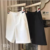 【初色】簡約風拼接鬆緊西裝直筒顯瘦五分褲休閒褲寬褲短褲-共2色-36834(M-2XL可選) M 黑色