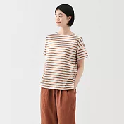 【MUJI 無印良品】女條紋船領短袖Ｔ恤 M 煙燻橘橫紋