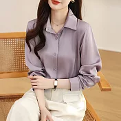 【MsMore】 17色免燙抗皺緞面長袖百搭職場襯衫純色短版上衣# 124525 M 紫色