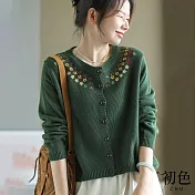 【初色】復古風繡花單排釦圓領長袖針織開衫上衣女上衣-共5色-10321(F可選) F 綠色