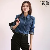 【初色】復古單寧牛仔修身翻領長袖襯衫上衣女上衣-藍色-10338(M-XL可選) M 藍色
