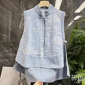 【初色】復古風雲海緹花盤扣牛仔馬甲背心外套女外套-淺藍色-37050(M-XL可選) M 淺藍色