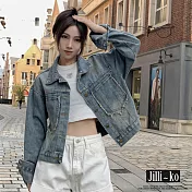 【Jilli~ko】毛鬚邊寬鬆牛仔外套 J11654  FREE 藍色