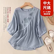 【慢。生活】文藝復古刺繡棉麻圓領上衣 M58 FREE 淺藍