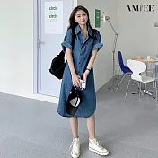 【AMIEE】日系簡約牛仔連衣裙洋裝(KDDY-1712) M 圖片色
