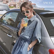 【AMIEE】長版氣質牛仔連衣裙洋裝(KDDY-5490) M 圖片色