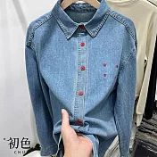 【初色】復古純色繡花牛仔襯衫長袖上衣女上衣開衫外套-共2色-10835(M-XL可選) M 淺藍色