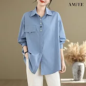 【AMIEE】休閒寬鬆純色翻領長袖襯衫女上衣(KDTY-2601) L 藍色