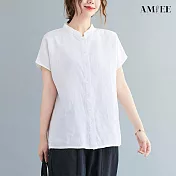 【AMIEE】寬鬆純色棉麻立領短袖襯衫女上衣(KDTY-8889) L 白色
