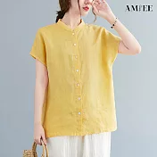 【AMIEE】寬鬆純色棉麻立領短袖襯衫女上衣(KDTY-8889) L 黃色
