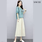 【AMIEE】氣質寬鬆顯瘦上衣長褲兩件套(KDAY-779) M 藍色