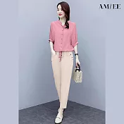 【AMIEE】韓系寬鬆顯瘦上衣長褲兩件套(KDAY-T82) M 粉色