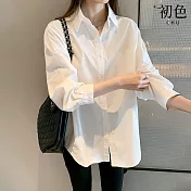 【初色】韓系通勤風純色寬鬆翻領長袖襯衫上衣女上衣-白色-10738(F可選) F 白色
