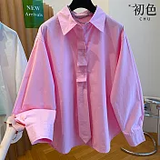 【初色】復古風休閒純色寬鬆高級感單排扣POLO領長袖襯衫上衣女上衣-共2色-10722(M-2XL可選) M 粉色