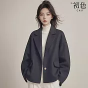 【初色】簡約風純色寬鬆一粒釦長袖西裝外套女外套-黑色-10774(M-2XL可選) M 黑色