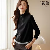 【初色】簡約撞色拼接領口拉鍊立領長袖修身打底衫上衣女上衣-共2色-11051(M-2XL可選) M 黑色