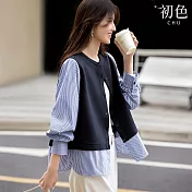 【初色】撞色拼接假兩件條紋圓領排扣長袖衛衣襯衫寬鬆外套女外套-藏青色-11033(M-2XL可選) M 藏青色