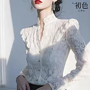 【初色】法式純色蕾絲立領長袖修身襯衫上衣女上衣-白色-11069(M-2XL可選) M 白色