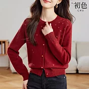 【初色】純色小花裝飾珍珠扣圓領長袖針織衫外套女外套-共3色-10869(F可選) F 酒紅色