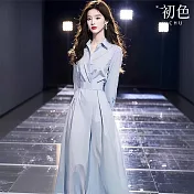 【初色】輕熟風純色收腰高腰拼接單排扣POLO領長袖中長裙連衣裙連身洋裝-藍色-10902(M-XL可選) M 藍色
