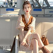【初色】純色V領無袖馬甲女背心+碎花印花翻領長袖中長裙連身洋裝套裝-花裙咖色馬甲-10921(M-XL可選) M 花裙咖色馬甲