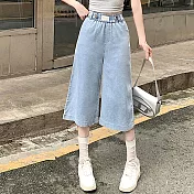 【MsMore】 牛仔天絲闊腿薄款鬆緊高腰休閒大碼直筒八分中褲# 124392 4XL 藍色
