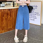 【MsMore】 牛仔天絲闊腿薄款鬆緊高腰休閒大碼直筒八分中褲# 124392 L 深藍色