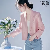 【初色】小香風短款氣質純色一粒扣貼袋西裝領長袖西裝外套女外套-粉紅色-10937(M-2XL可選) M 粉紅色