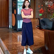 【初色】純色圓領短袖修身T恤上衣女上衣+遮肉顯瘦褲裙休閒褲寬褲長褲套裝-紫衣藍褲-10911(M-2XL可選) M 紫衣藍褲