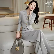 【初色】純色翻領長袖單排扣西裝外套女外套+修身顯瘦西裝褲寬褲長褲套裝-灰色-10914(M-XL可選) M 灰色