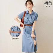 【初色】復古風牛仔翻領短袖修身中長連衣裙連身洋裝-淺藍色-11029(M-XL可選) M 淺藍色
