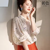 【初色】法式雪紡星星印花翻領長袖襯衫上衣女上衣-白色-10942(M-2XL可選) M 白色