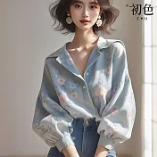 【初色】法式絕美氣質碎花印花單排扣翻領泡泡袖長袖襯衫上衣女上衣-淺藍色-10947(M-2XL可選) 2XL 淺藍色