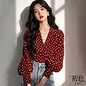 【初色】港風復古V領波點印花公主袖長袖雪紡衫上衣女上衣-紅色-10959(M-2XL可選) M 紅色