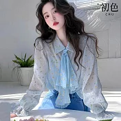 【初色】文藝風復古小碎花翻領繫帶荷葉邊長袖雪紡衫上衣女上衣-藍色-10967(M-2XL可選) M 藍色
