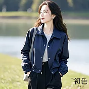 【初色】復古美式純色翻領長袖休閒短款夾克外套女外套-藍色-10984(M-3XL可選) M 藍色