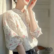 【初色】法式娃娃領復古印花寬鬆七分袖單排釦襯衫上衣女上衣-白色-10993(M-2XL可選) M 白色