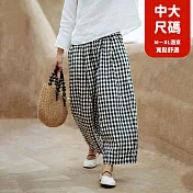 【慢。生活】鬆緊腰大碼日系格子棉麻闊腿褲 35828  FREE 黑色