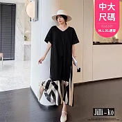 【Jilli~ko】V領寬鬆拼接開衩造型連衣裙 J12180  FREE 黑色