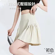 【初色】甜美風純色修身高腰防走光假兩件五分運動瑜珈短褲裙褲-共3色-11014(M-2XL可選) M 米白色