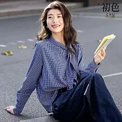 【初色】棉麻復古風立體格紋領結單排釦長袖襯衫上衣女上衣-藍色-11242(M-2XL可選) M 藍色