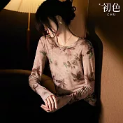 【初色】復古修身水墨花色暈染網紗蕾絲圓領長袖內搭打底衫襯衫上衣女上衣-共2色-11230(M-XL可選) M 粉色