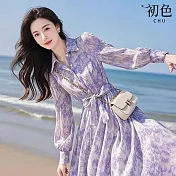 【初色】法式度假風收腰碎花印花鈕扣綁帶POLO領長袖中長裙連衣裙連身洋裝-紫色-11263(M-2XL可選) M 紫色
