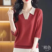 【初色】撞色翻領七分短袖針織衫上衣T恤女上衣-共6色-11127(F可選) F 紅色