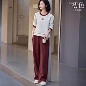 【初色】運動風字母刺繡螺紋撞色拼接圓領長袖T恤上衣+純色抽繩休閒褲寬褲長褲套裝-共3色-11150(M-2XL可選) M 白衣紅褲