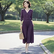 【初色】通勤風單排扣V領長袖針織開衫上衣女上衣+純色中長裙半身裙套裝-紫色-11164(M-2XL可選) M 紫色
