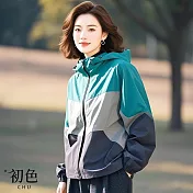 【初色】休閒風拚色寬鬆防風長袖連帽外套女外套-拚色-11152(M-2XL可選) M 拚色