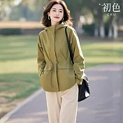 【初色】休閒風獨特減齡純色寬鬆拉鍊鈕扣連帽長袖風衣外套女外套-綠色-11153(M-2XL可選) M 綠色
