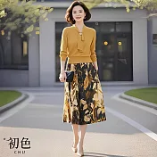 【初色】氣質風飄帶修身長袖上衣女上衣+寬鬆印花半身裙長裙套裝-黃衣花裙-11155(M-2XL可選) M 黃衣花裙