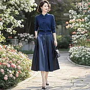 【初色】新中式國風盤扣單排扣立領長袖針織衫上衣女上衣+純色中長裙半身裙套裝-藍色-11156(M-2XL可選) M 藍色